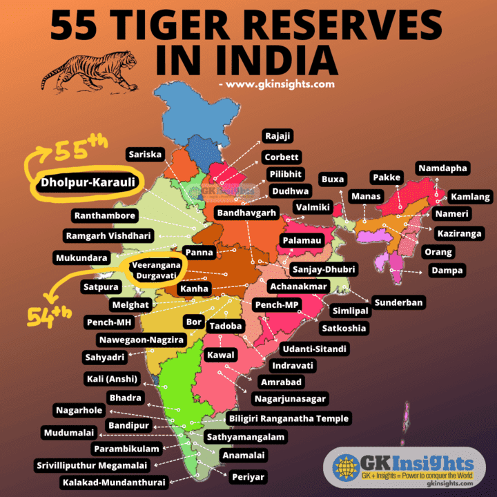 55 Tiger Reserves in India Map by GKInsights