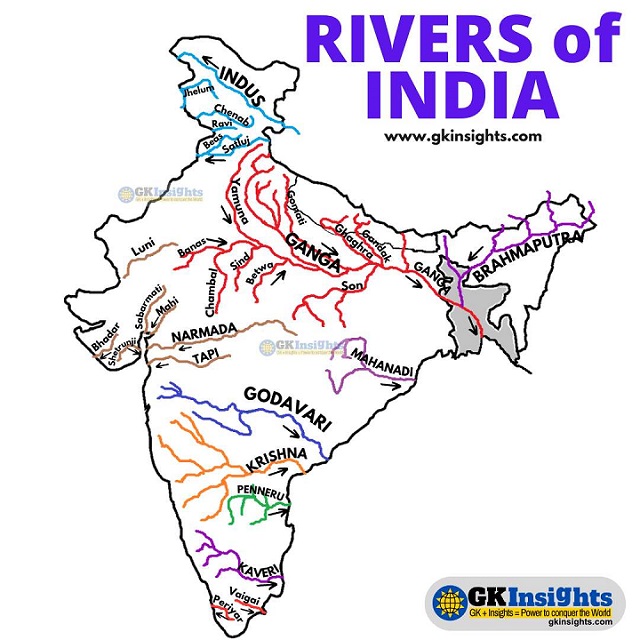 Rivers of India Map by gkinsights.com 